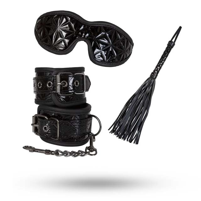 DIABOLIQUE - Bondage Set Med Ögonmask, Handbojor & Piska Svart