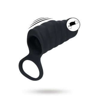 Vibrating Ribbed Silicone Cock Sleeve and Ball Ring - Black