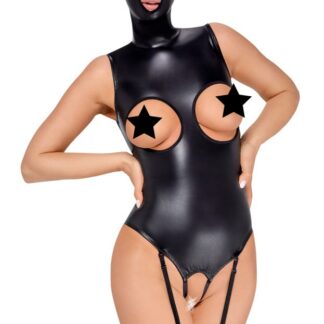 Svart öppen strumphållarbody med huvudmask